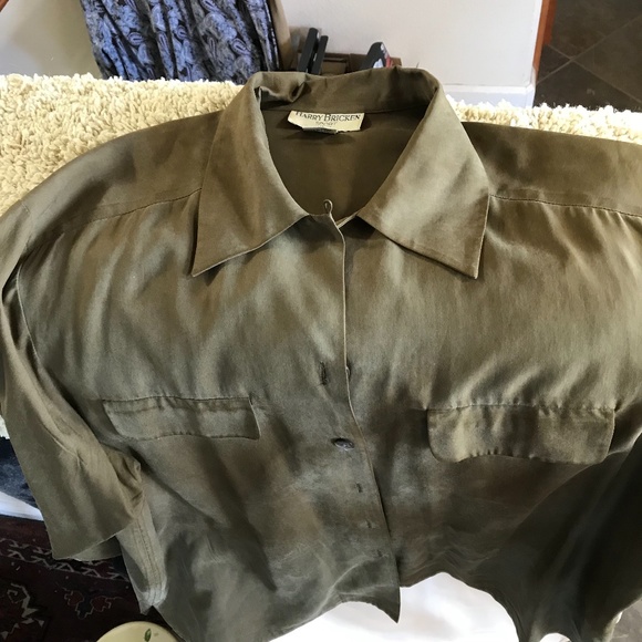 Barry Bricken Tops - Barry Bricken olive oversized long sleeve silk camp shirt, L